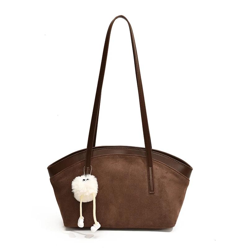 Monochromatic Faux Suede Shoulder Bag for Women Casual Bag Large Capacity Stitching Line Fashion