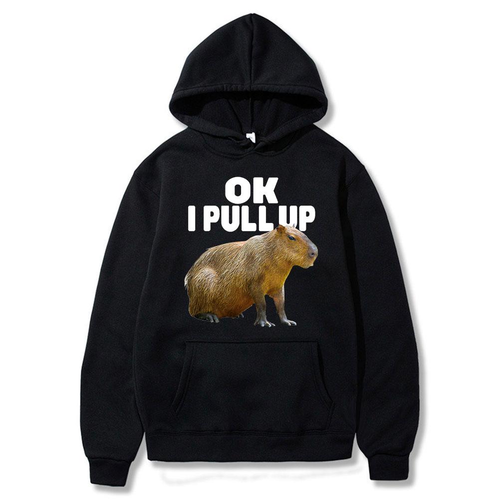 Funny Ok I Pull Up Capybara Print Hoodie Men's Fashion Casual Oversized Hooded Sweatshirts Gothic Pullovers Clothes for Teens
