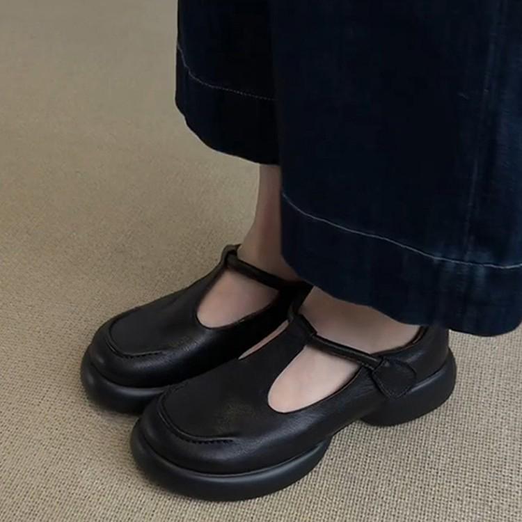 Soft Leather Version~ Retro Simple Round Head Platform Mary Jane Shoes Women's Commuting Versatile Casual Black Small Leather Shoes Single Shoes