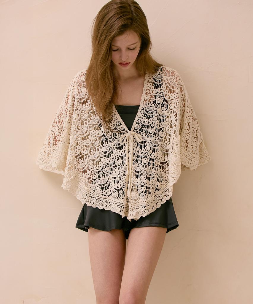 VIKINI VENDER Roa Scallop Crochet Cape Cover-Up - Beige