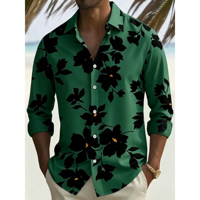 Herrenbluse mit Blumenprint, langen Ärmeln und Kragen für Urlaub und Freizeit, Strandreise-Trend, Herrenbekleidung