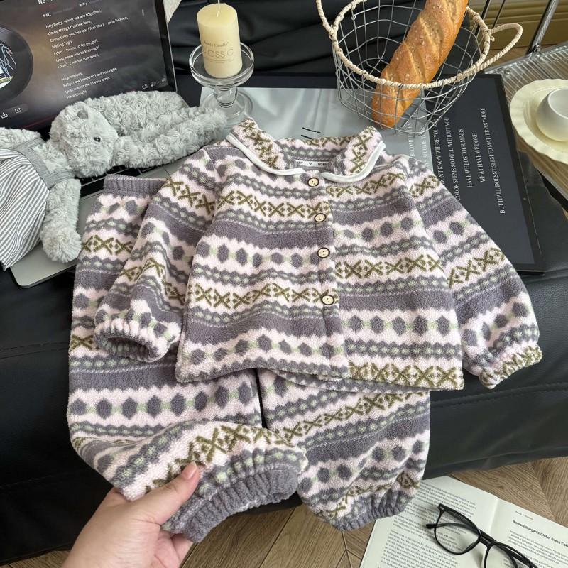 Kids Winter Warm Fleece Pajama Set Long Sleeve Top Pants Soft Thick Sleepwear Boys Girls 3-8 Years