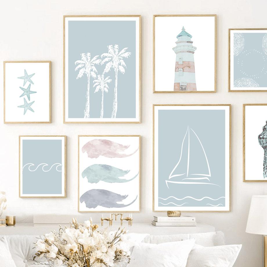 Sailboat Surfboard Monstera Palm Tree Lighthouse Posters And Prints Canvas Painting Wall Art Pictures Living Room Home Decor