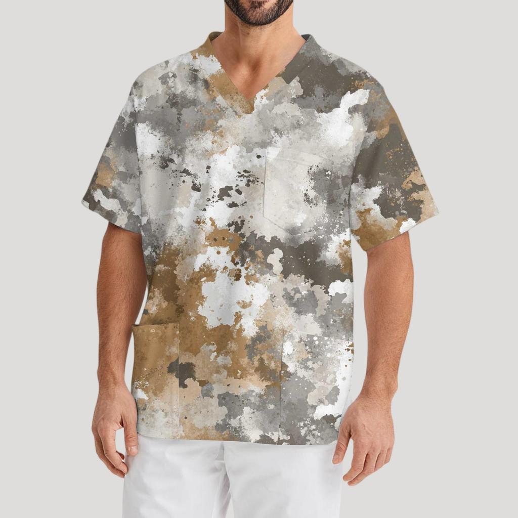 Bedrucktes kurzärmliges Herren-Arbeitsbluse mit V-Ausschnitt und Brusttasche für Pfleger