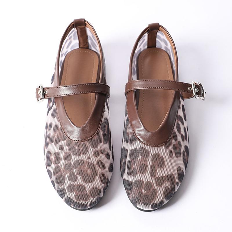 Fashion Sexy Leopard Lace Flats Women Round Toe Leather Ankle Strap Mary Janes Shoes Flat Heel Summer Mesh Moccasins Women Lace Loafers