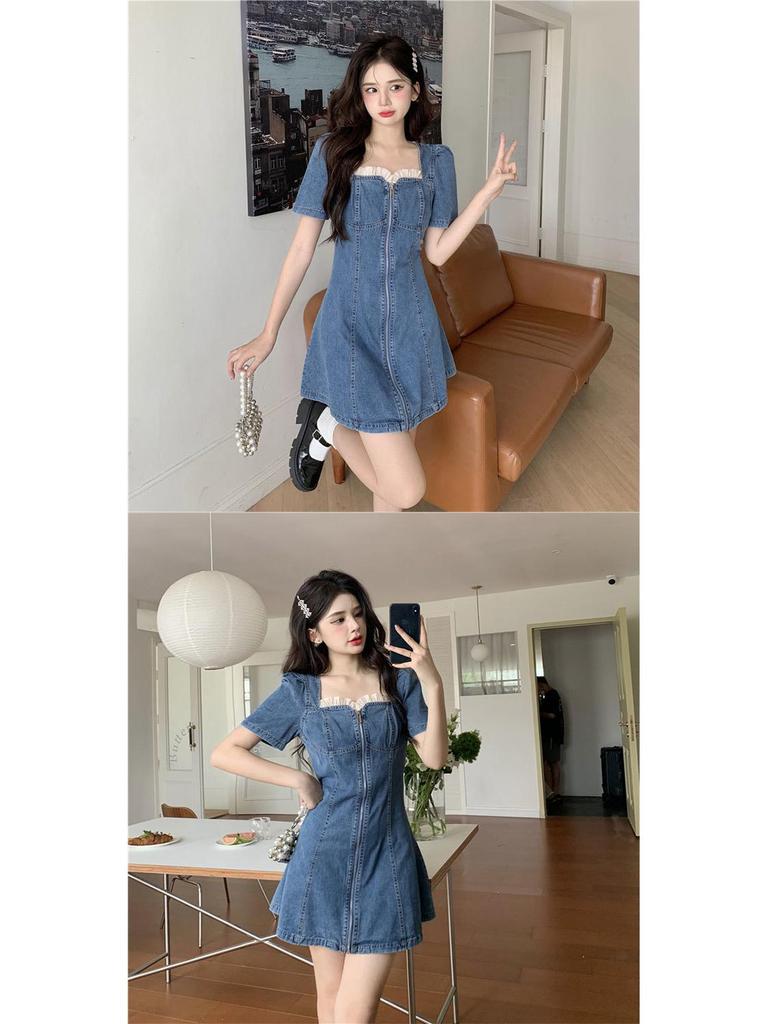 2025 Summer Women's Lace Denim Short Dress - Age-Reducing Design, Slimming Tummy Control, Thin Style