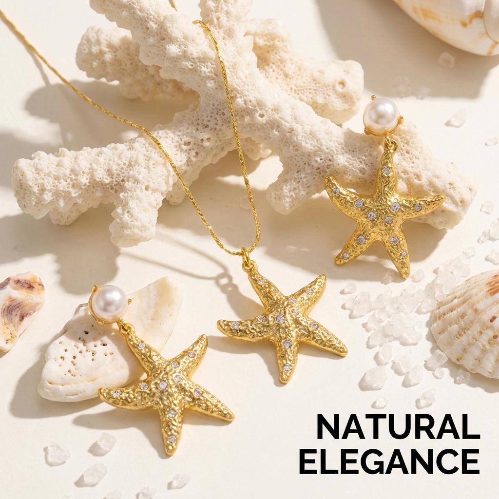 Classic Metal Starfish Stud Earrings for Women Elegant Imitation Pearls Rhinestones Geometric Earrings Necklace Summer Jewelry