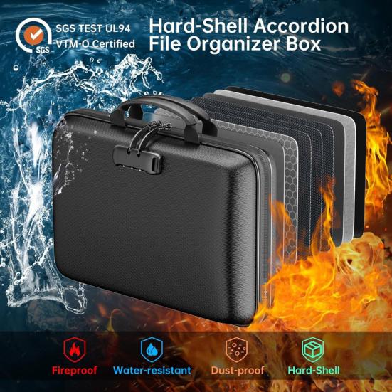 Fireproof File Organizer with Lock Hard-Shell Document Box with 13 Pocket Portable Accordion File Folder for Home Office Travel