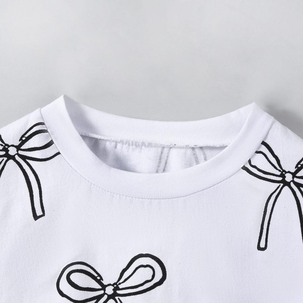 Koszulka dla dzieci 2-7 lat Dziewczynki Mieszanka bawełny Topy Casual Słodki Nadruk kokardki Lato Dziecięca Okrągły dekolt Krótki rękaw T-shirty