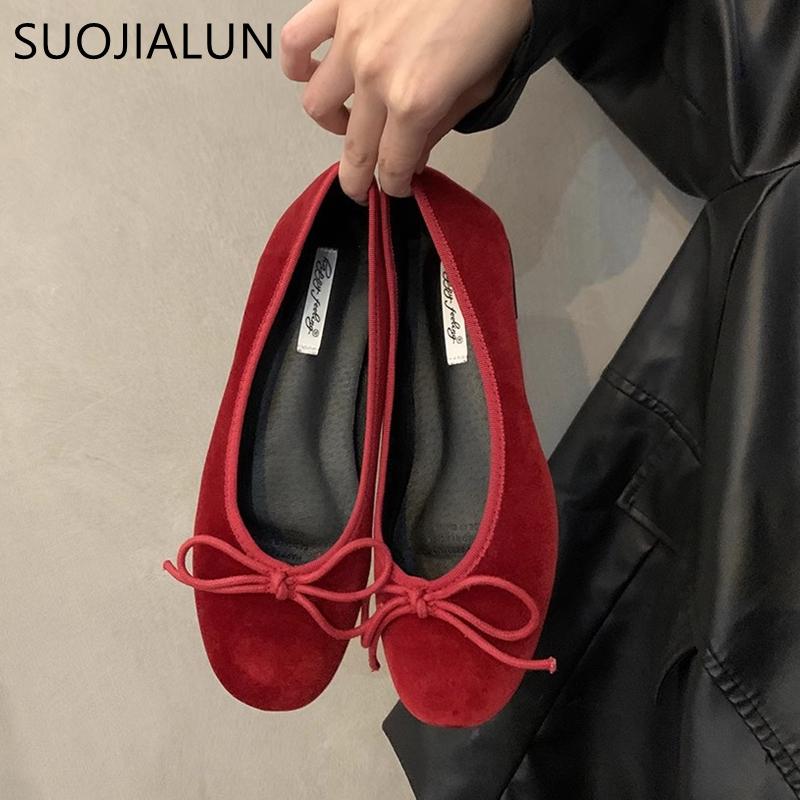 Fashion SUOJIALUN Autumn Women Flat Shoes Fashion Bow-knot Round Toe Shallow Slip On Ladies Boat Shoes Soft Flat Heel Dress Ballerinas S