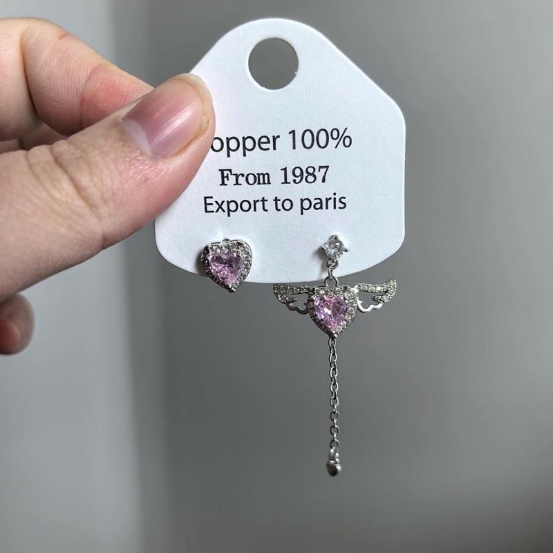 Copper Zirconia Heart & Wings Asymmetrical Tassel Earrings for Women - Light Luxury & Versatile Style