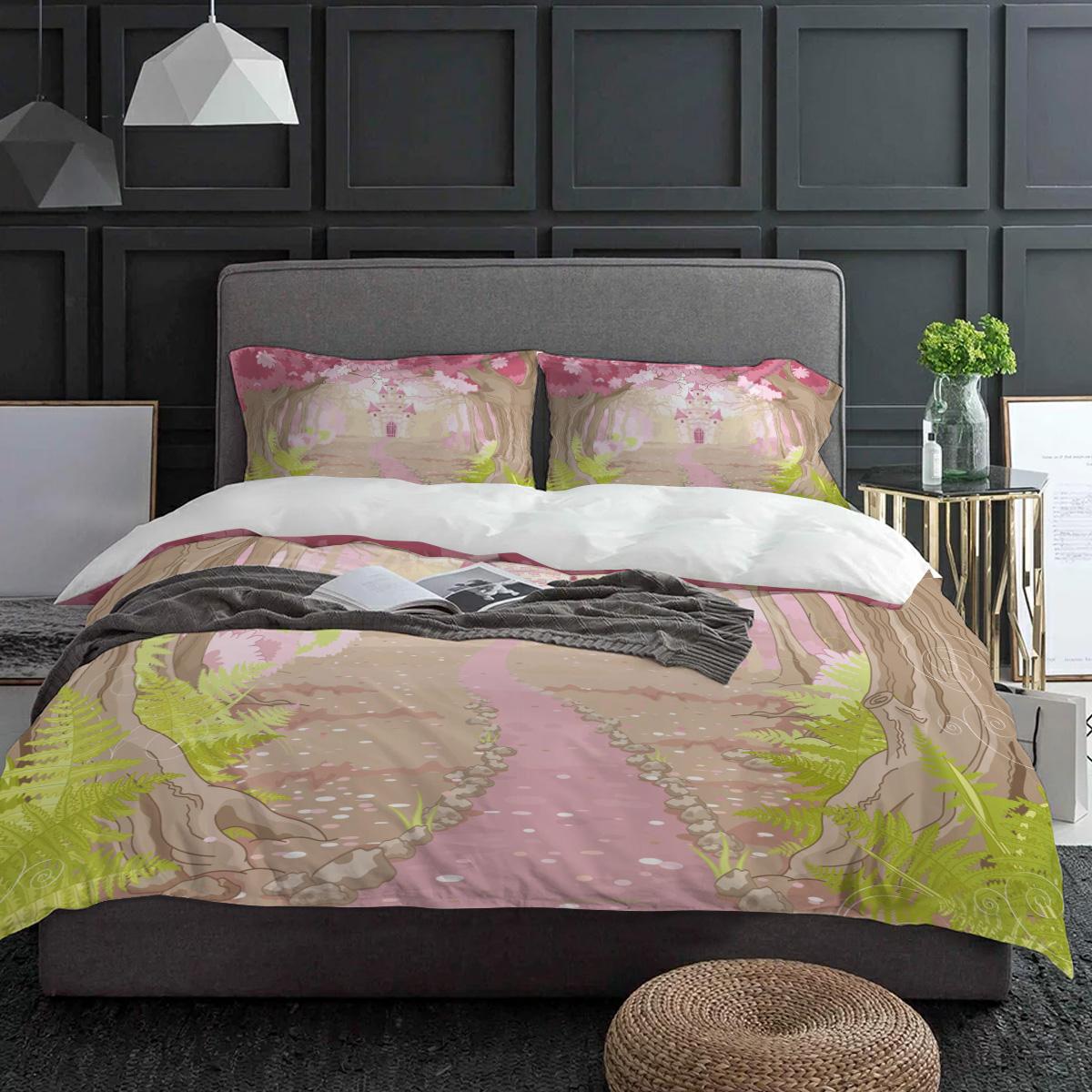 

Pink Castle Deep Forest Cartoon Bedding Set 3pcs Duvet Cover Pillowcase Kids Adult Quilt Cover Double Bed Set Home Textile EU single(135x200cm)