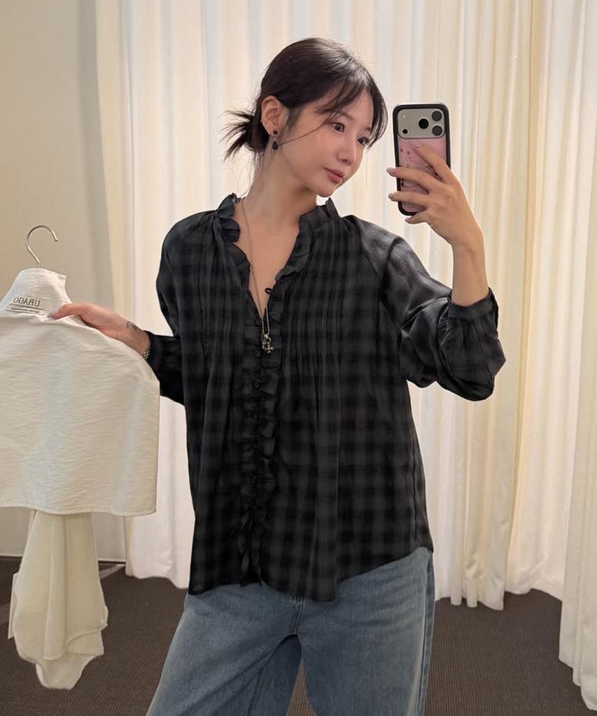 URAGO Check Frill Pintuck Blouse_2Colors