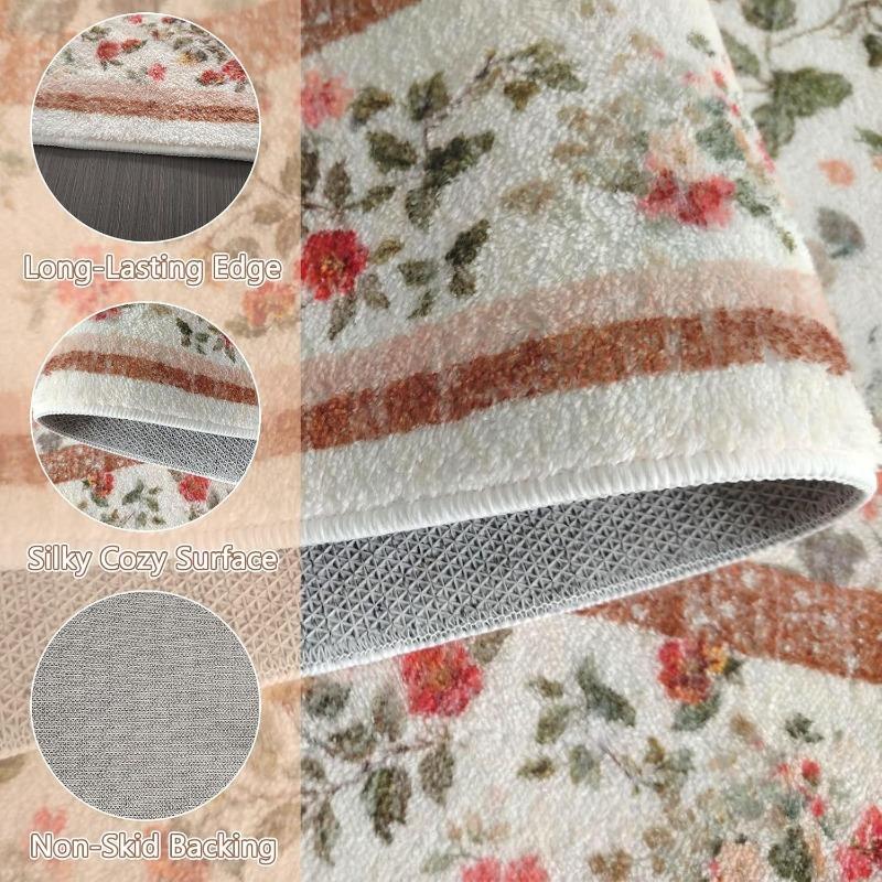 Beige Floral Living Room Carpet Bohemian Style Sofa Coffee Table Floor Mat Foldable Machine Washable Bedroom Bedside Soft Rug