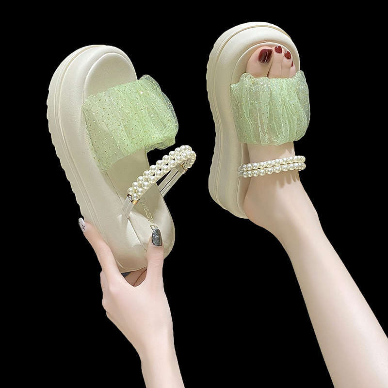 Fashion muffin platform pearl beach shoes female summer 2025 new fairy wind mesh two wear sandals