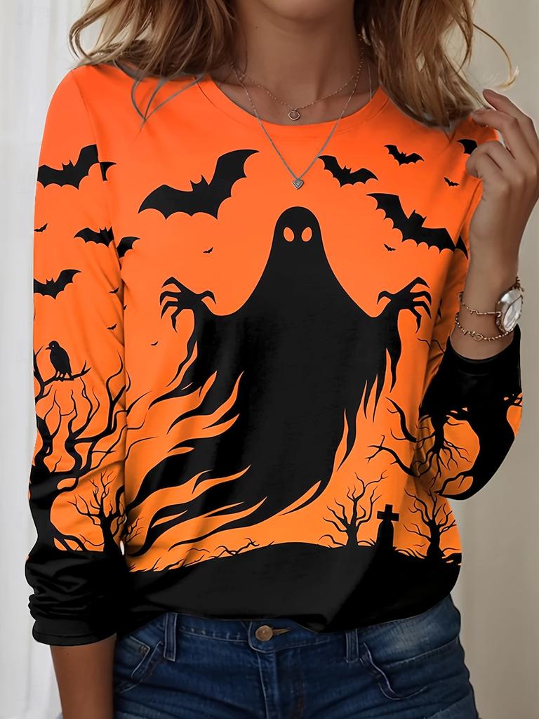 Women's Halloween 3D Printed Pumpkin Face Bat Long Sleeve Shirt Autumn Loose Casual Polyester Round Neck Fashion Casual Top