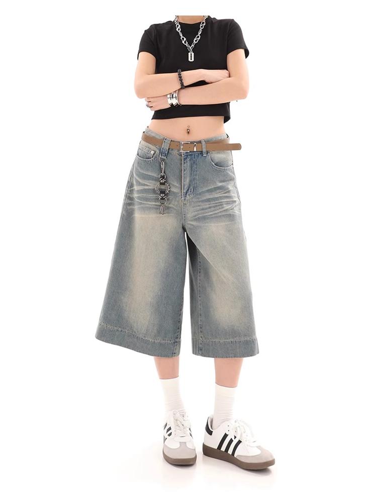 Cat Whisker textura Retro džínové šortky Ženy Americký styl Vintage Široké nohavice Street Summer Dámské Retro Volné krátké džíny s vysokým pasem Y2k