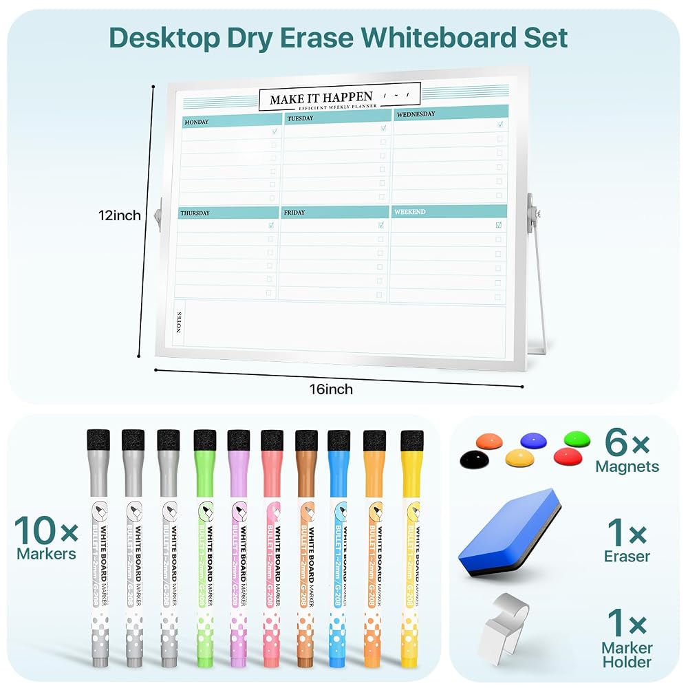 Marsrock Whiteboard, Plain Weekly Planner, Double-Sided, Freestanding, A3 Size, Desktop, Magnetic