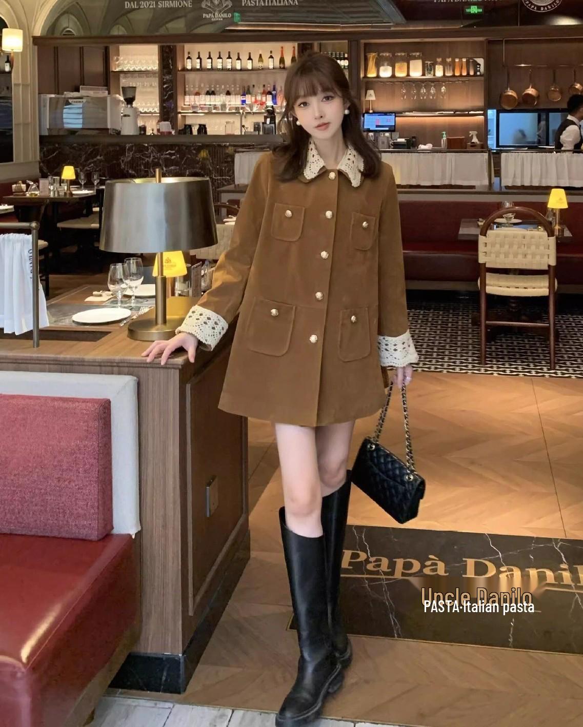 

Meilade French Chic Suede Velvet Trench Coat - Mid-length Lapel Jacket for Autumn/Winter 2026 L
