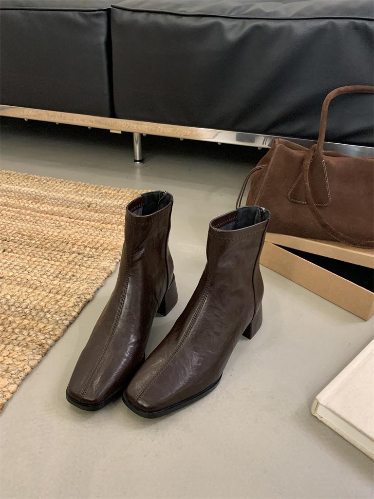 2025 autumn and winter new retro medium boots thick heel elastic single boots square head thin boots women's short boots genuine leather boots women