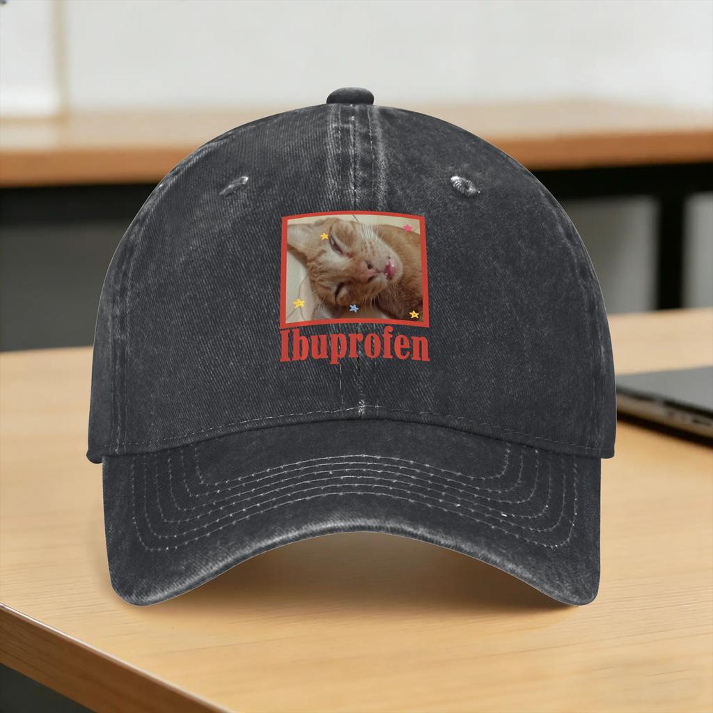 Washed Baseball Cap Funny Ugly Cat Face Ibuprofen Cat Meme Humor Spring Trucker Hat For Unisex Adult Yk Cool Rock Sun Snapback Cap