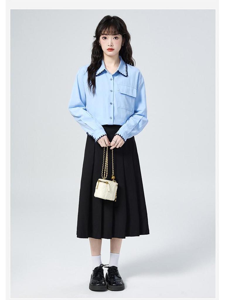 Elegant Blue Polo Collar Slimming Women's Long-Sleeve Shirt - 2026 Early Spring Arrival
