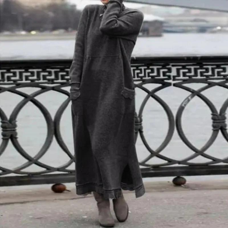 Autumn Women's Fashion Simple Retro Hooded Commuter Dress Winter Long Sleeve Pocket Solid Color Hooded Robe