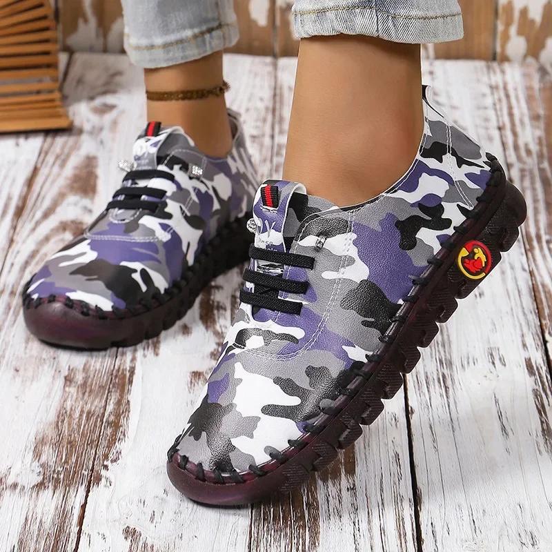 New Women's Handmade Flat Sneakers Comfortable Slip On Lace Up Round Toe Shoes Hand Sewing Thread Mom Shoes Zapatillas De Mujer