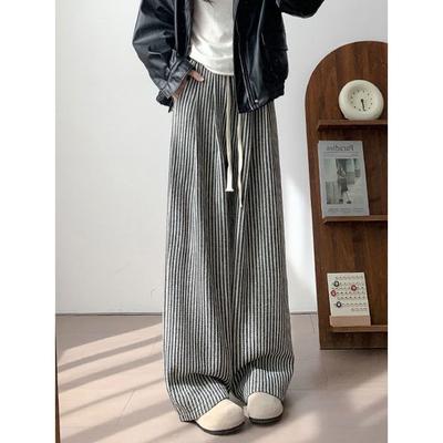 Vintage Gestreifte Wollhose Damen Schlichte Hohe Taille Herbst Winter Lässige Weitbeinige Hose Alleskönner