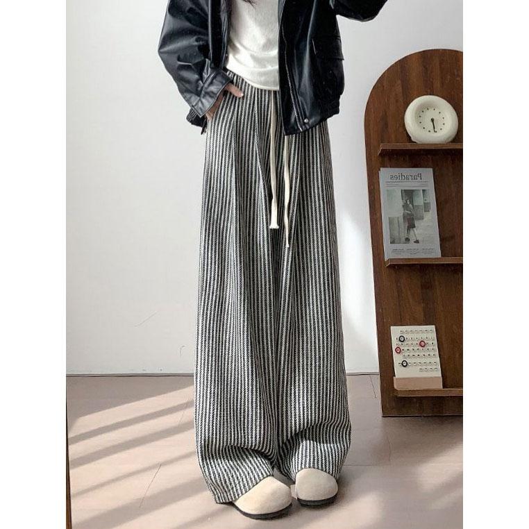 

Vintage Striped Woolen Pants Women Simple High Waist Autumn Winter Casual Wide Leg Trousers All-match XS чорний