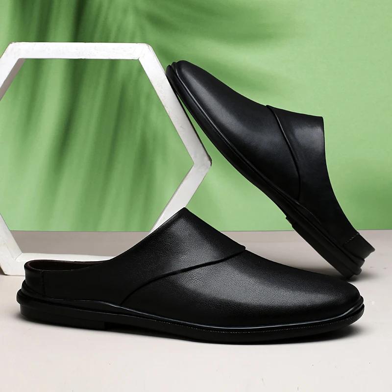 Fashion New Genuine Leather Mens Slippers Summer Breathable Casual Shoes Slip-on Lazy Half Shoes Walking Loafers Men Moccasins Half Drag