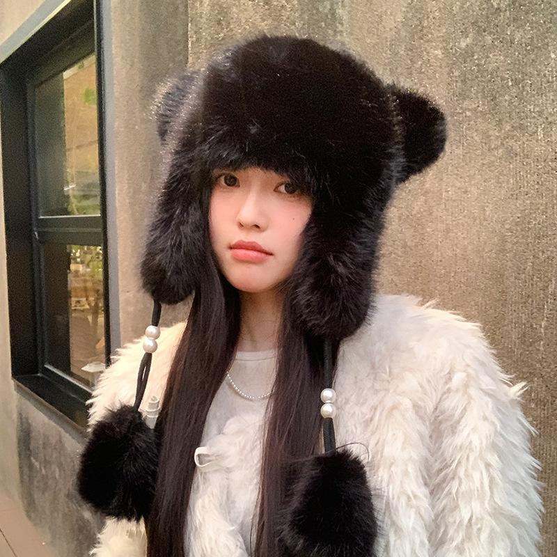 

New soft glutinous furry bear hat ski cold warm pullover hat children