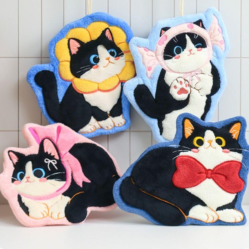 New Cute Cat Hand Towel Coral Fleece Strong Water Absorption Toilet Handkerchief Thickened Soft Bathroom Kerchief Kitchen