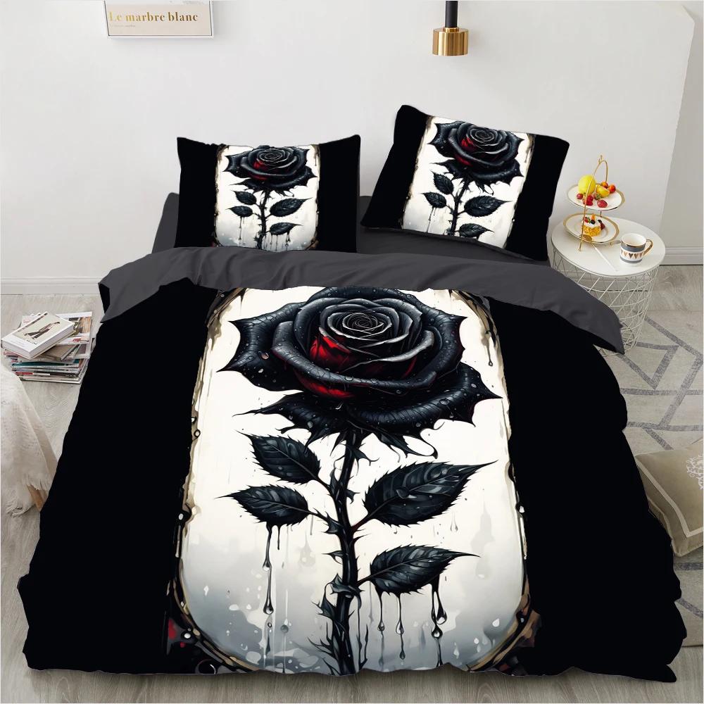 3pcs Black Grey Rose 3D Printed Beding Set Soft Washable Soft Duvet Cover Set King Quen Twin Sized Dimensions Birthday Gift Bedrom Decoration