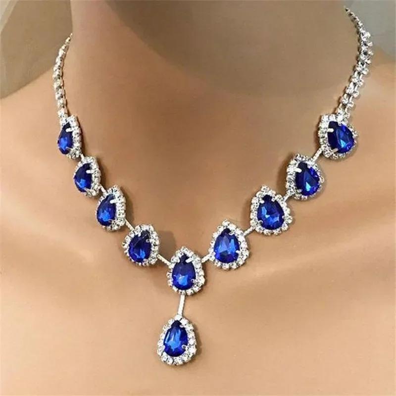 Blue Water Drop Rhinestones Necklace For Women  Inlaid Zircon Pendant Fashion Jewelry Accessory