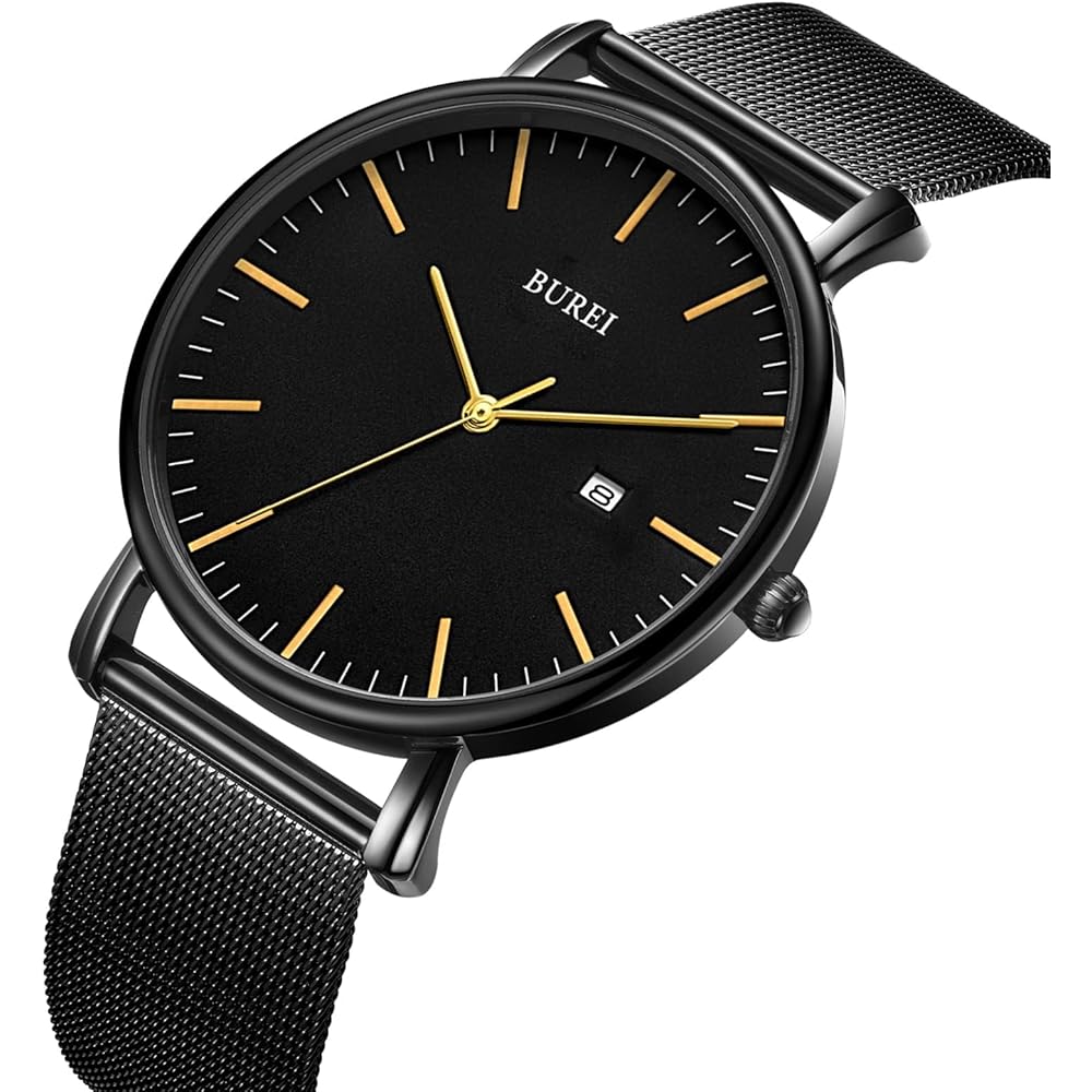 BUREI Men's Analog Watch Black Gold Waterproof Simple Business Milanese Mesh Strap