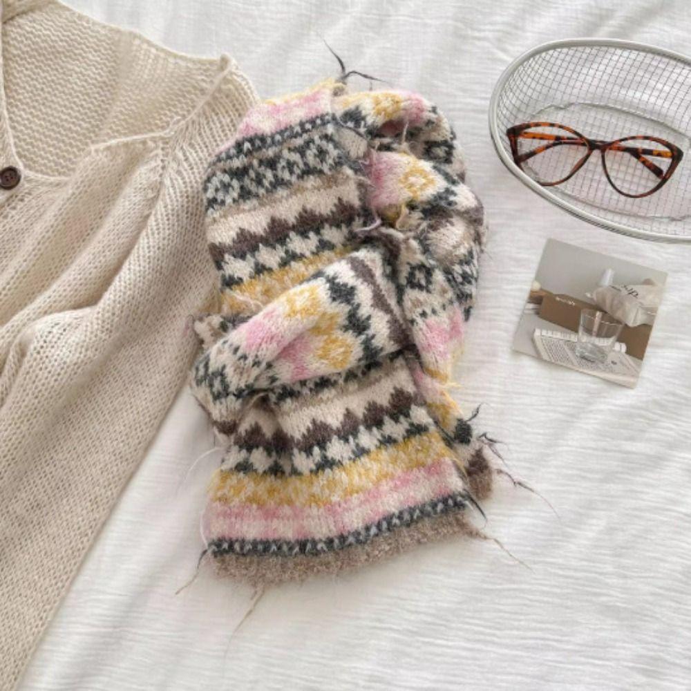 Warm Fair Isle Style Scarf Printed Winter Wool Neckerchief Retro Jacquard Knitted Scarf  Winter