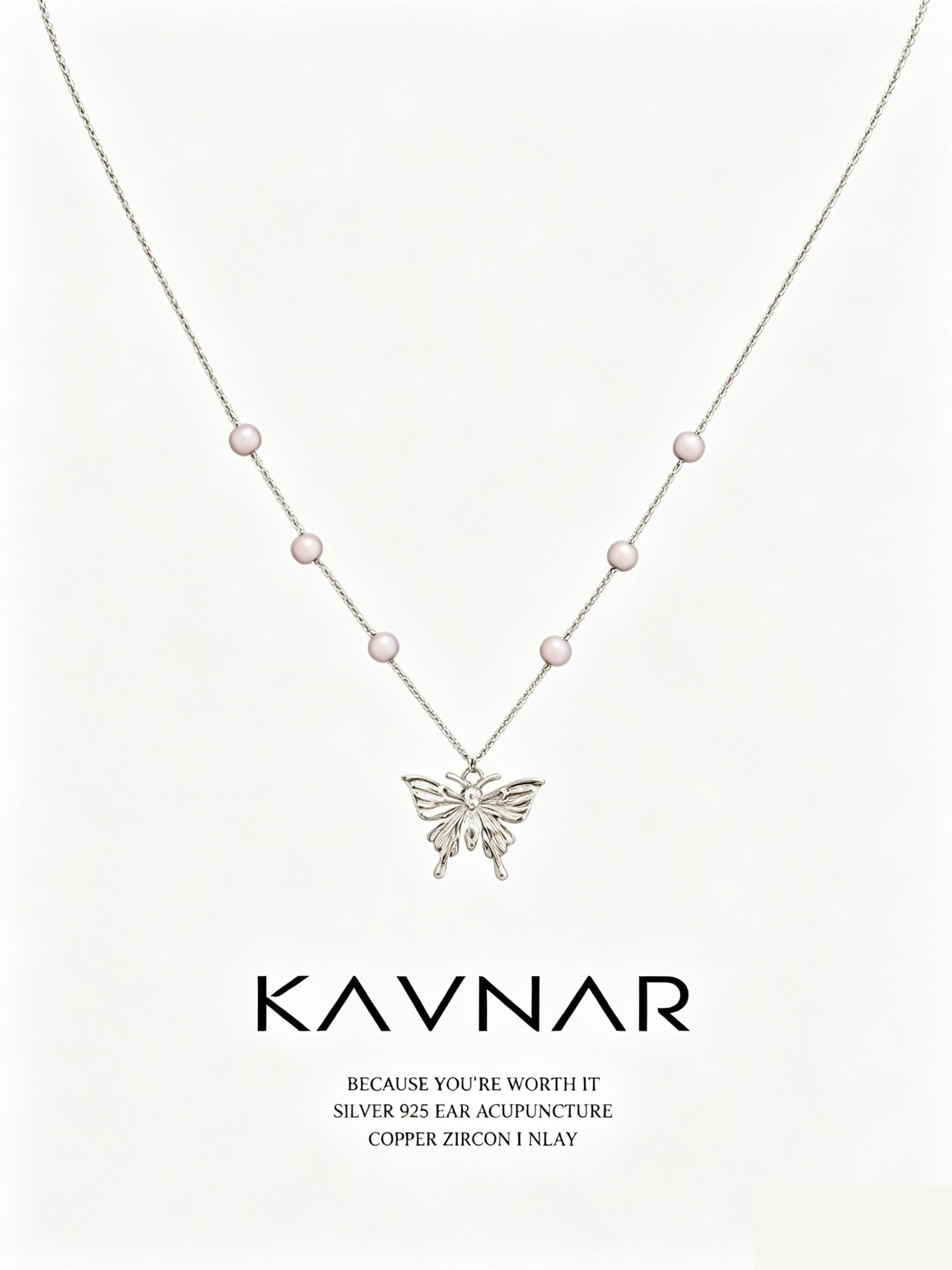 KAVNAR Elegant Butterfly Pendant Necklace Silver Plated Cubic Zirconia Pearl Necklace for Women