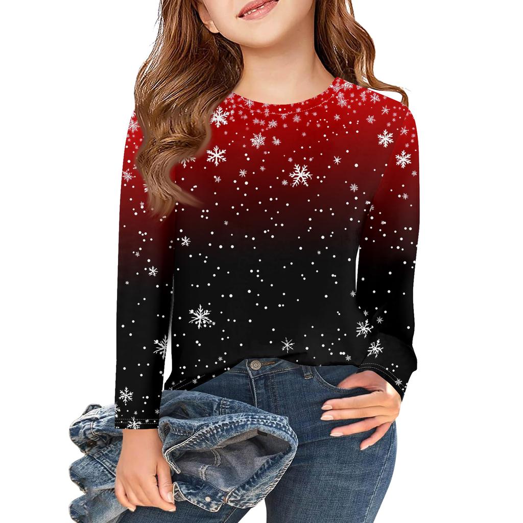 Christmas Day Girls Long Sleeve T Shirts Kids Fall Tops Crewneck Printed Basic Tees