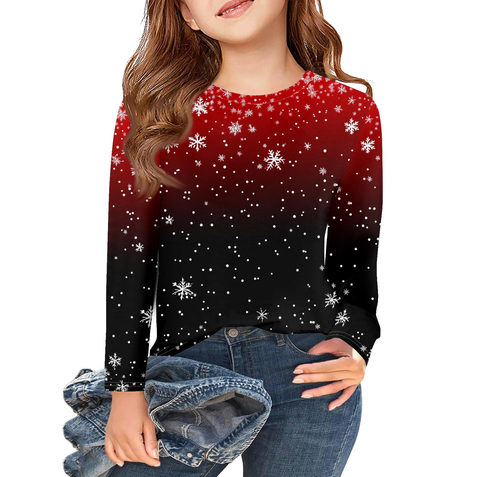 

Рождественские футболки с длинным рукавом для девочек, детские осенние топы с круглым вырезом и принтом, базовые футболки 120