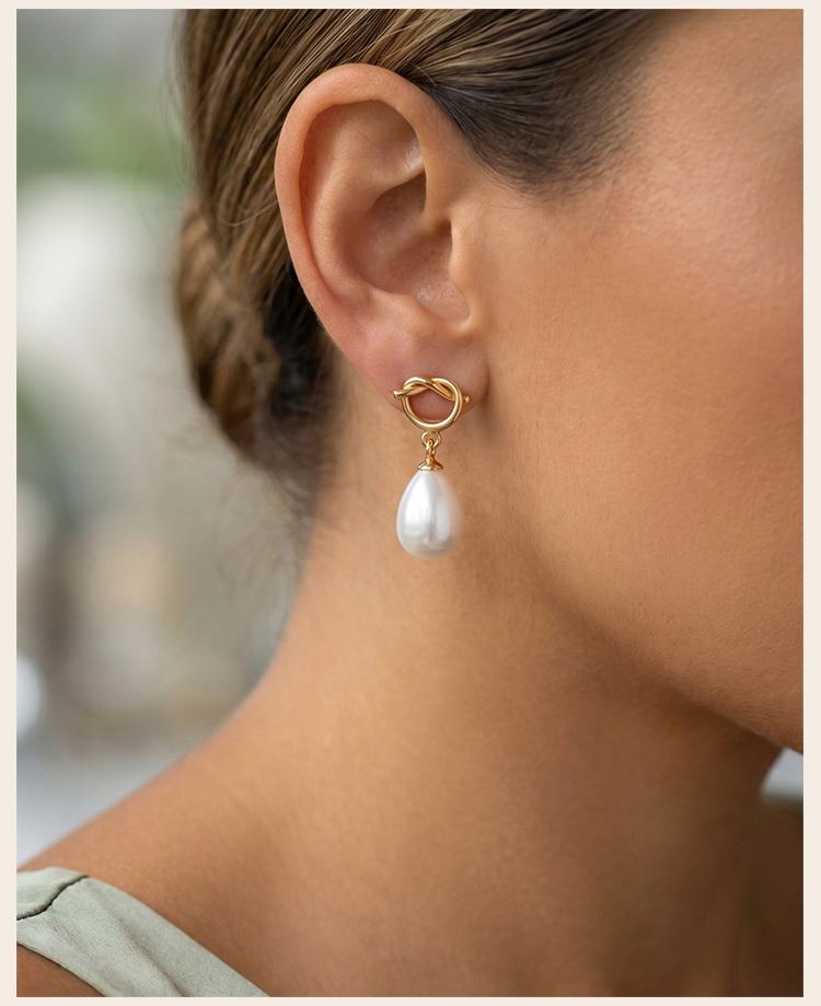 Drop Earrings with Knot Teardrop Pearl, 18K Gold Plated Stainless Steel Dangle Jewelry, Waterproof Anti-Tarnish Party Gift