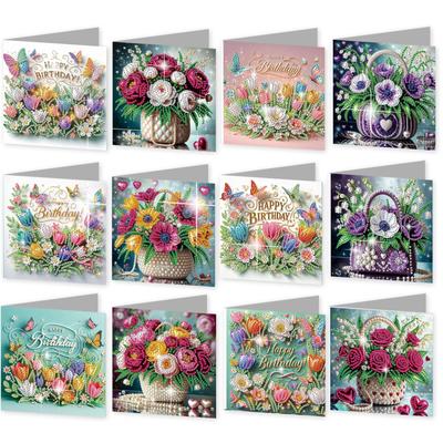 12Pcs Flower Animal DIY Diamond Art Painting Greeting Card Kit with Envelopes for Beginner Adult Birthday Holiday Blessing