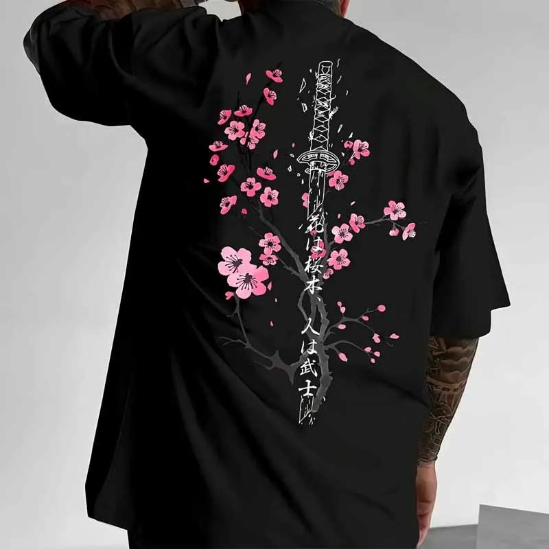 Cherry Blossom Samurai Graphic Print T-shirts Casual Streetwear Tops Crew Neck Short Sleeve