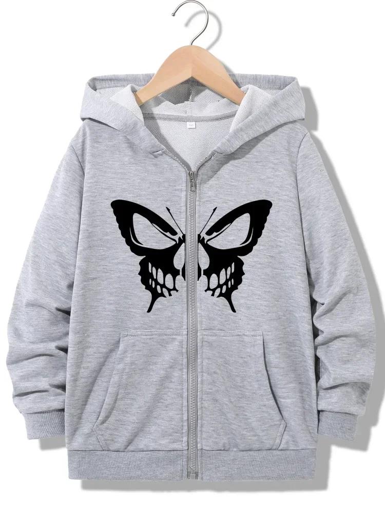 Boys Girls Zipper Hooded Sweatshirt Cool Horror Skull Butterfly Pattern Long Sleeve Casual Hooded Jacket with Front Pockets