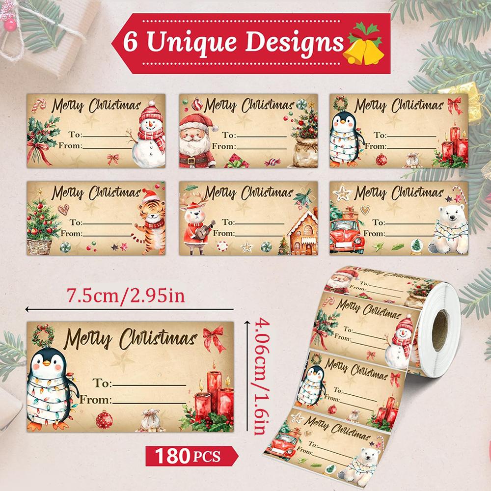 180Stickers/Roll Christmas Gift Label Stickers Blessing Tags Festive Design Santa Self Adhesive Sticker Gift Packaging Decoratio