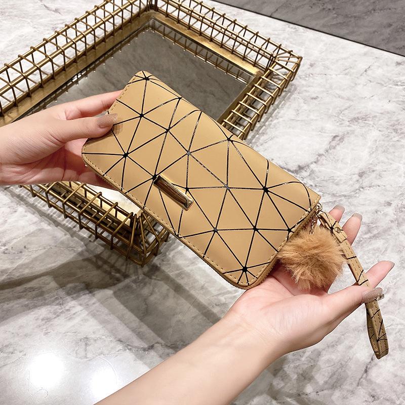 Women's Long Wallet New Multi-card Double Zipper Clutch Bag Rhombus Hairball Women's Wallet