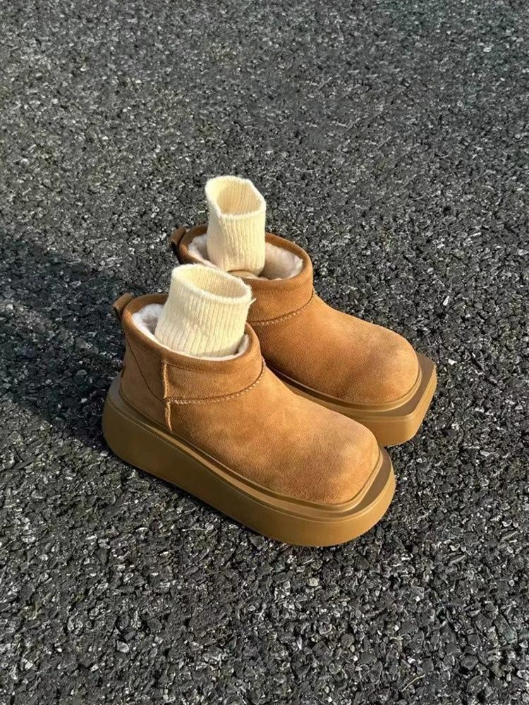 

Версия из мягкой кожи~ квадратный круглый носок теплые и на платформе зимние ботинки для женской коллекции осень-зима 2024, новые плюшевые короткие ботинки на толстой подошве в стиле ins 38 коричневый