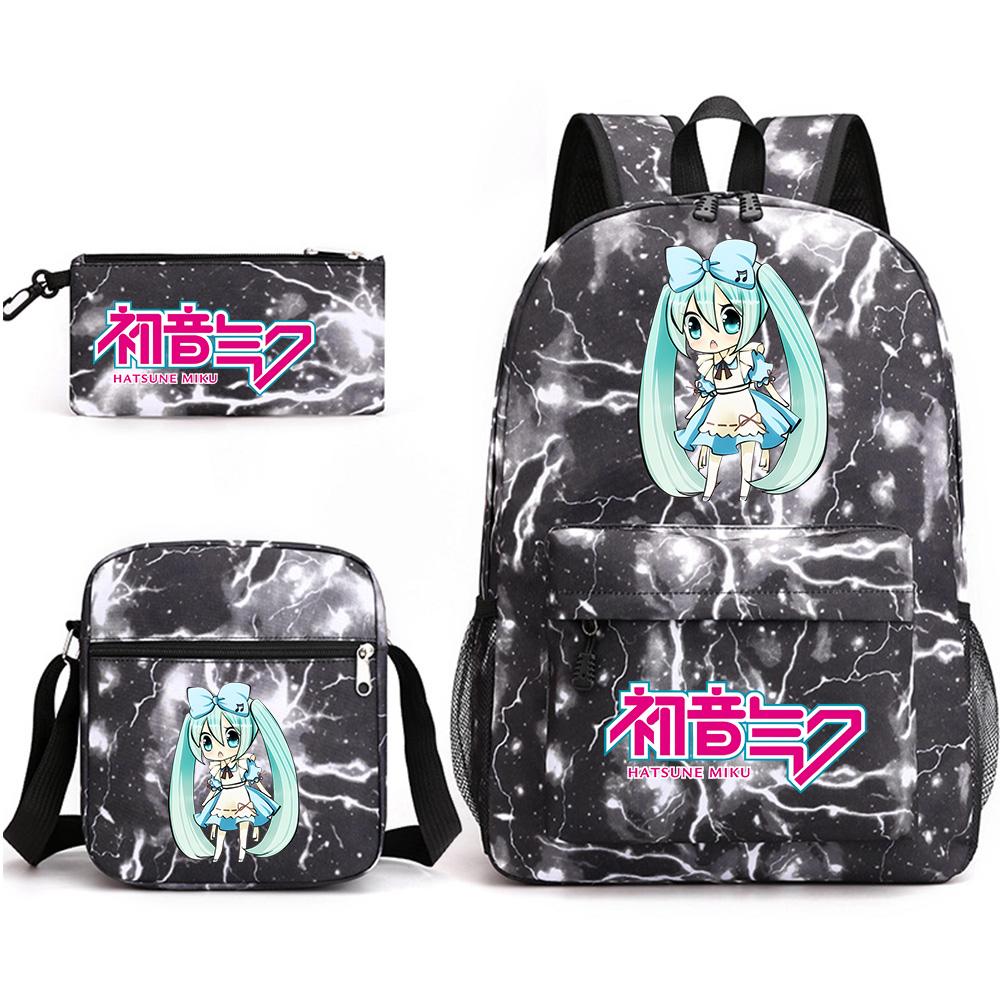 3Pcs/set Anime Cartoon Hatsune Miku Printed Backpack with Shoulder Bag Pencil Case for Teenager Student Boy Girl Large Capacity Waterproof Schoolbag