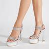 Liyke Designer Crystal Rhinestone Narrow Band Ankle Strap Platform Sandals Women Sexy Open Toe High Heels Wedding Banquet Shoes