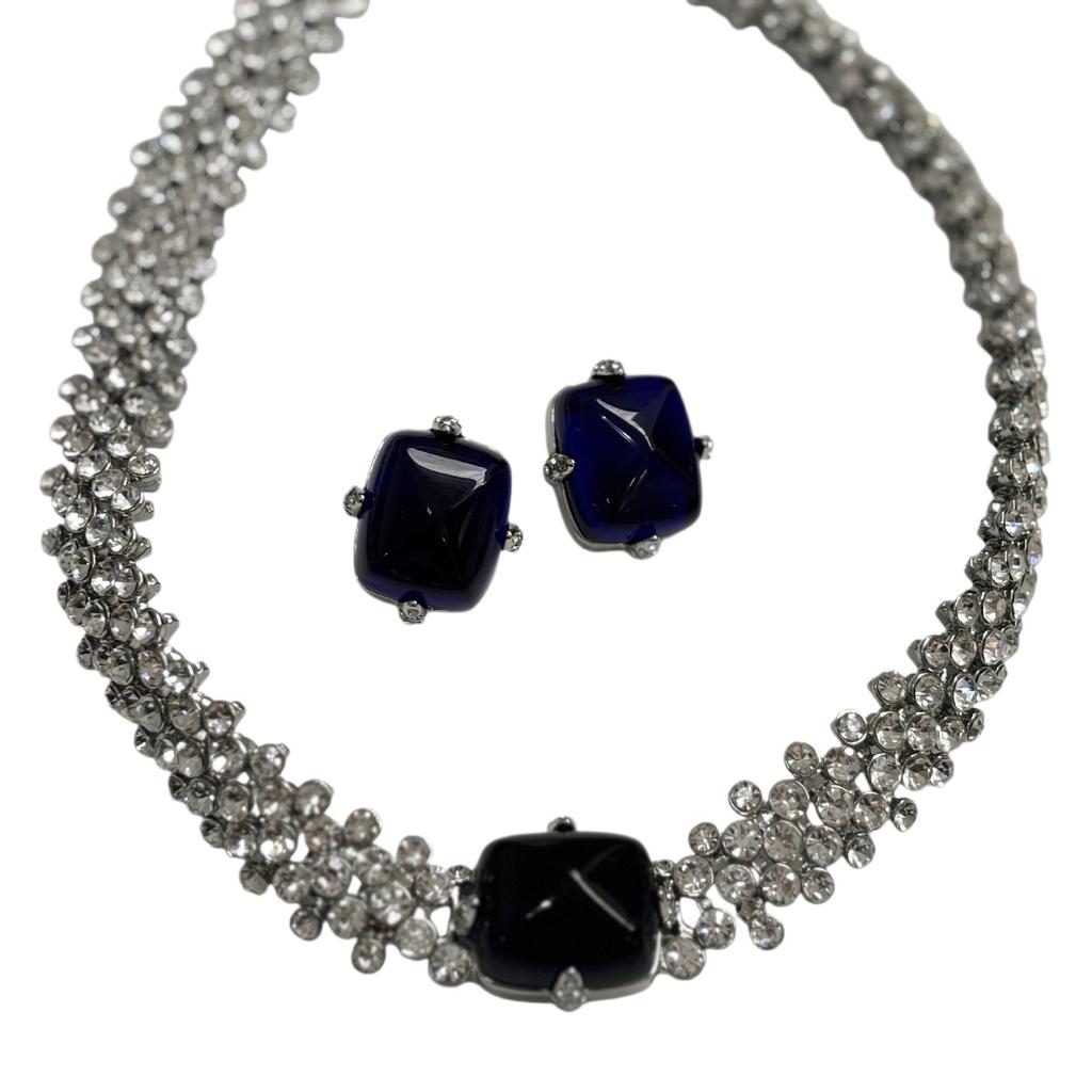 French Vintage Necklace Stud Earrings Set With Diamonds Elegant Clavicle Chain Handwoven Jewelry Women